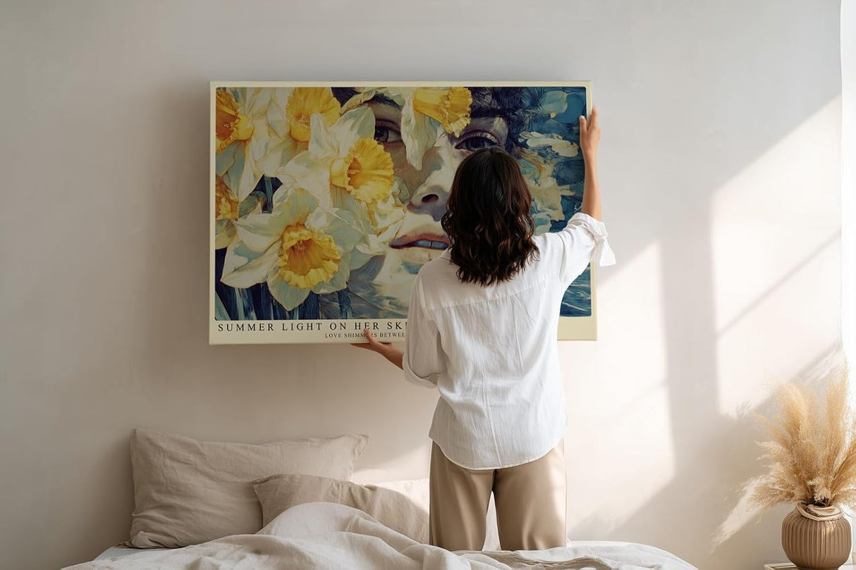 Paul Sinus Wandbild 120x80cm Frauenportrait mit Narzissen und Wasser Poetische Kunst in Blau und Gelb fuer moderne Wohnräume