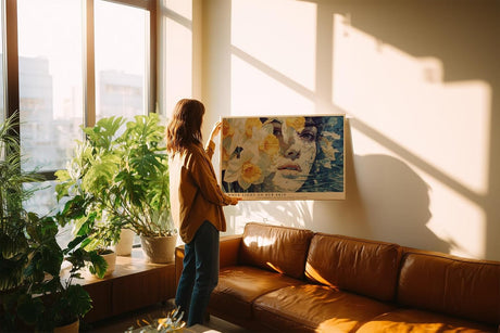 Paul Sinus Wandbild 120x80cm Frauenportrait mit Narzissen und Wasser Poetische Kunst in Blau und Gelb fuer moderne Wohnräume