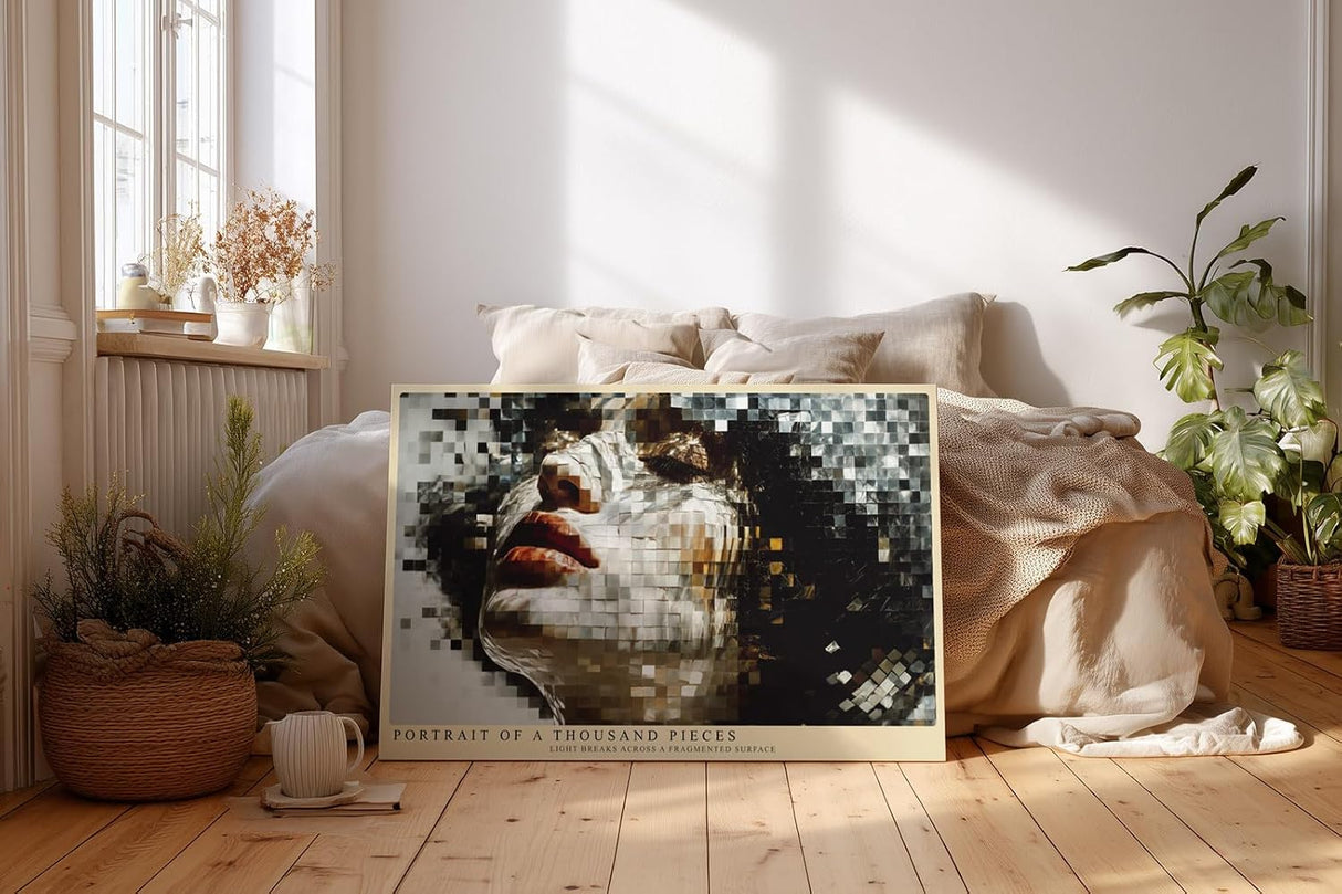 Paul Sinus Wandbild 120x80cm Frauenportrait Mosaik modern beige schwarz digitale Kunst Kunstdruck grosses Kunstbild stilvolle Wanddekoration fuer Wohnzimmer Büro Flur