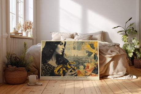 Paul Sinus Wandbild 120x80cm Frauenportrait Schlange Vintage Collage modern gelb blau Kunst Kunstdruck grosses Kunstbild kreative Wanddekoration fuer Wohnzimmer Büro