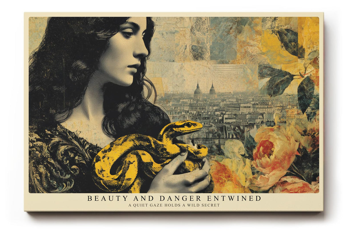 Paul Sinus Wandbild 120x80cm Frauenportrait Schlange Vintage Collage modern gelb blau Kunst Kunstdruck grosses Kunstbild kreative Wanddekoration fuer Wohnzimmer Büro