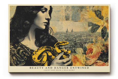 Paul Sinus Wandbild 120x80cm Frauenportrait Schlange Vintage Collage modern gelb blau Kunst Kunstdruck grosses Kunstbild kreative Wanddekoration fuer Wohnzimmer Büro