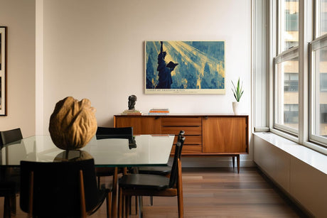 Paul Sinus Wandbild 120x80cm Freiheitsstatue New York Skyline Kunst Poster Statue of Liberty Kunstdruck modernes Stadtbild Amerika Wandbild 120x80cm für Wohnzimmer Büro Dekoration