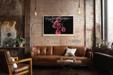 Paul Sinus Wandbild 120x80cm frische Himbeeren im Wassersplash moderne Food Fotografie rotes Frucht Kunstposter auf schwarzem Hintergrund fuer Kueche Esszimmer Bar