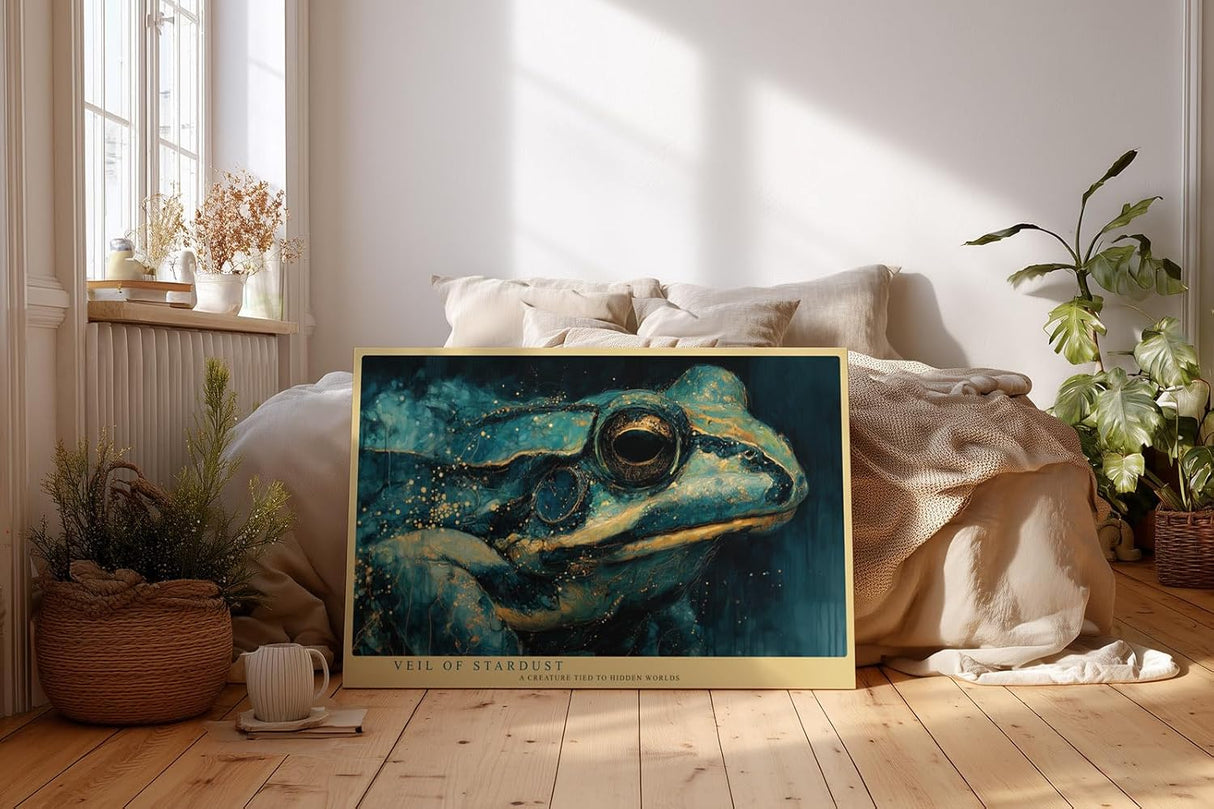 Paul Sinus Wandbild 120x80cm Frosch Nahaufnahme moderne Tierkunst blau gold Illustration Wanddekoration fuer Wohnzimmer Büro