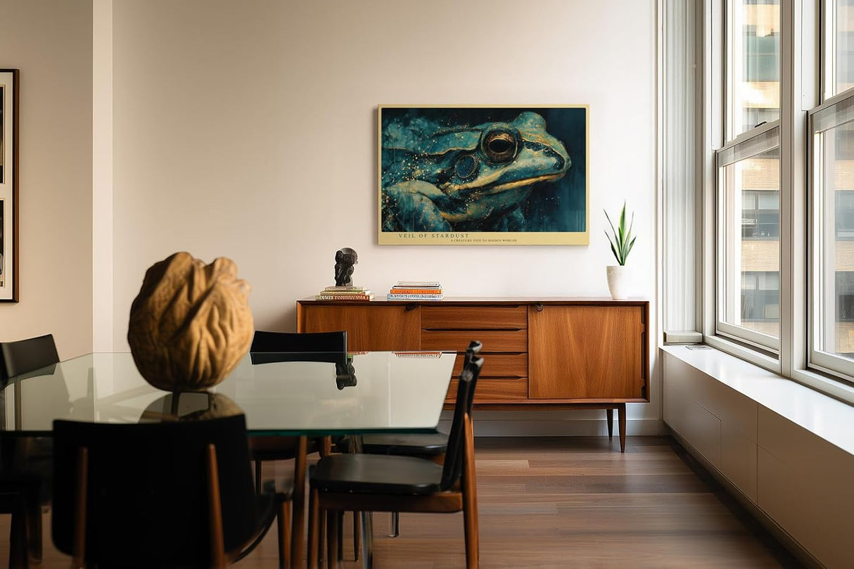 Paul Sinus Wandbild 120x80cm Frosch Nahaufnahme moderne Tierkunst blau gold Illustration Wanddekoration fuer Wohnzimmer Büro