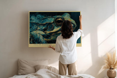 Paul Sinus Wandbild 120x80cm Frosch Nahaufnahme moderne Tierkunst blau gold Illustration Wanddekoration fuer Wohnzimmer Büro