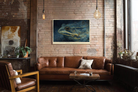 Paul Sinus Wandbild 120x80cm Frosch Portrait mystische Tierkunst blau gold moderne Illustration Wanddekoration fuer Wohnzimmer Büro