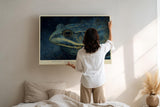 Paul Sinus Wandbild 120x80cm Frosch Portrait mystische Tierkunst blau gold moderne Illustration Wanddekoration fuer Wohnzimmer Büro