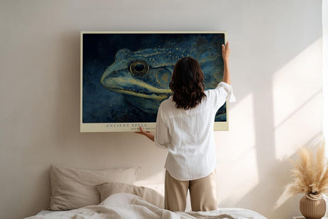 Paul Sinus Wandbild 120x80cm Frosch Portrait mystische Tierkunst blau gold moderne Illustration Wanddekoration fuer Wohnzimmer Büro