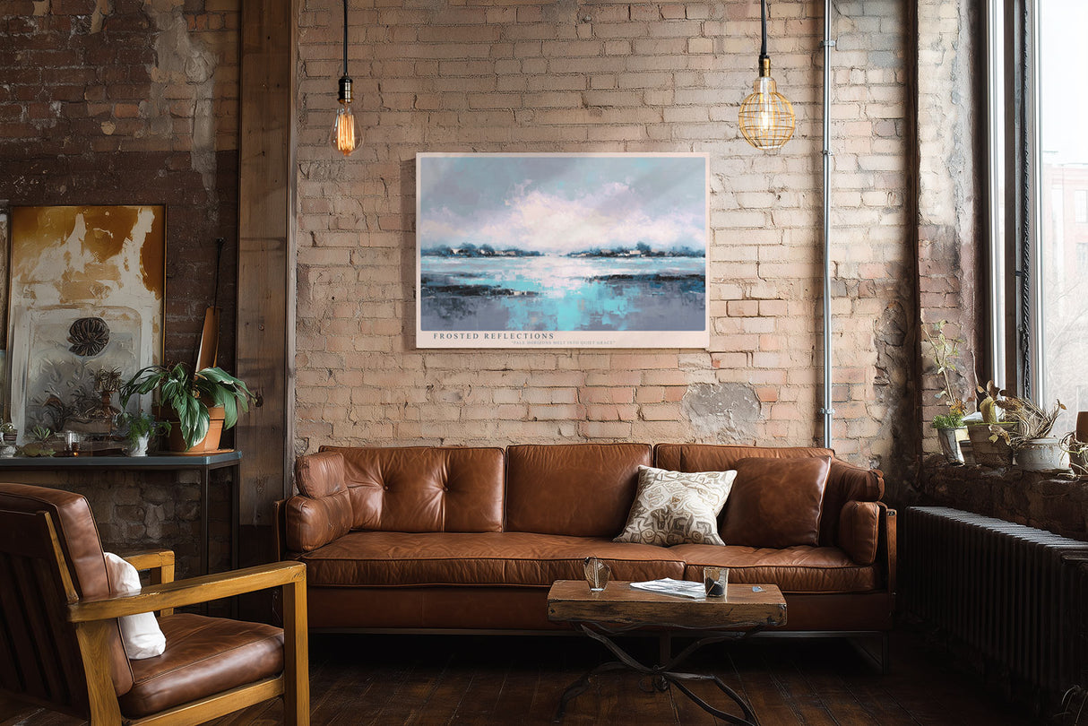 Paul Sinus Wandbild Frosted Reflections – Sanftes Zusammenspiel von Licht, Wasser und Himmel – Abstraktes Landschaftsbild in kühlen Blautönen mit harmonischer Ruhe.