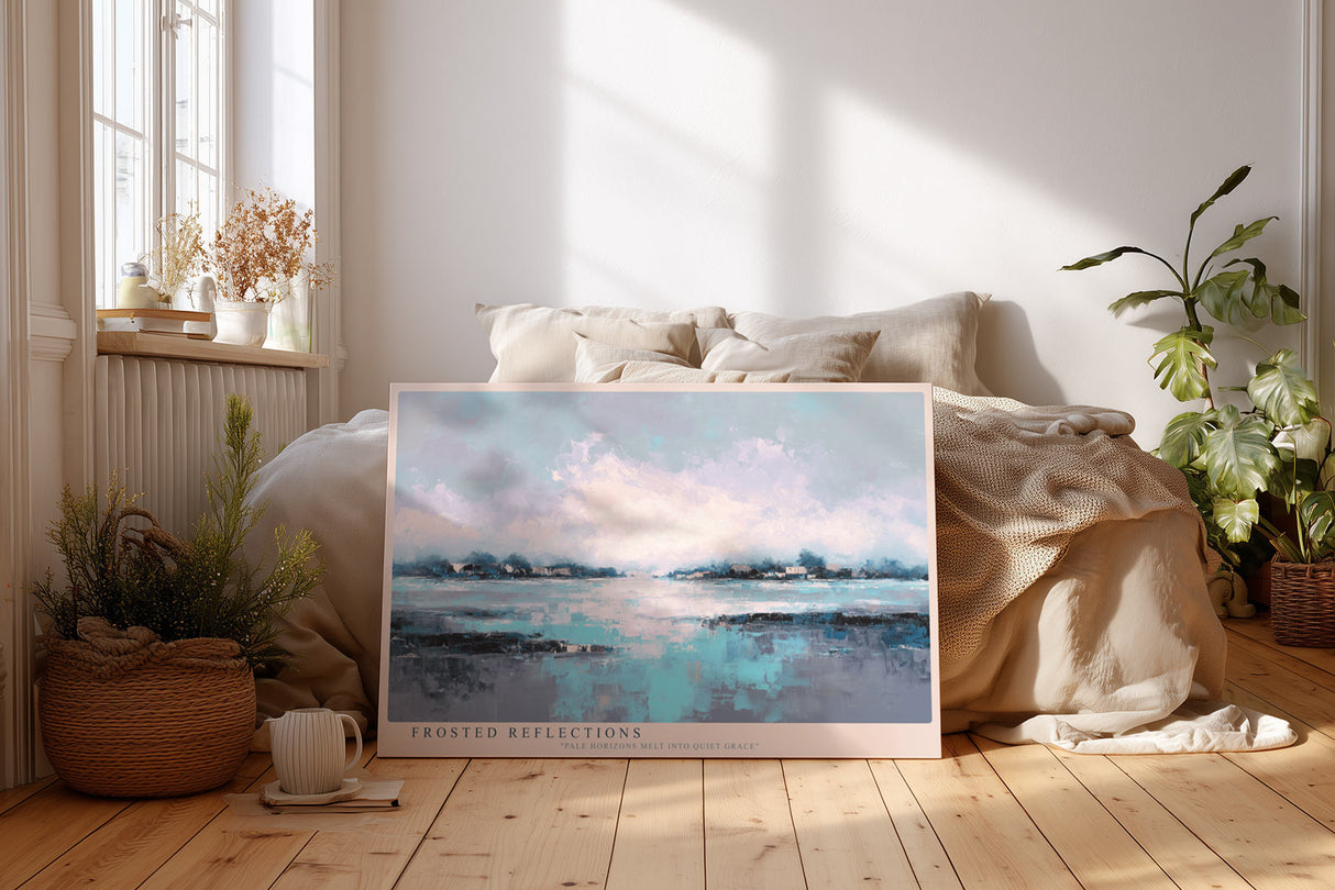 Paul Sinus Wandbild Frosted Reflections – Sanftes Zusammenspiel von Licht, Wasser und Himmel – Abstraktes Landschaftsbild in kühlen Blautönen mit harmonischer Ruhe.