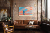 Paul Sinus Wandbild 120x80cm futurale Weltraum Landschaft Astronaut Planet Ringe moderne SciFi Kunst orange blau Kunstdruck