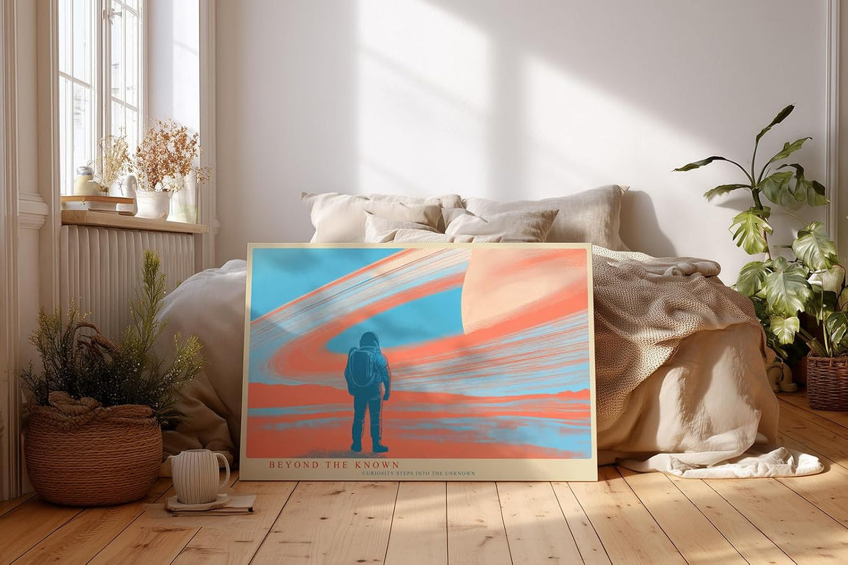 Paul Sinus Wandbild 120x80cm futurale Weltraum Landschaft Astronaut Planet Ringe moderne SciFi Kunst orange blau Kunstdruck