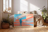 Paul Sinus Wandbild 120x80cm futurale Weltraum Landschaft Astronaut Planet Ringe moderne SciFi Kunst orange blau Kunstdruck