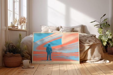 Paul Sinus Wandbild 120x80cm futurale Weltraum Landschaft Astronaut Planet Ringe moderne SciFi Kunst orange blau Kunstdruck