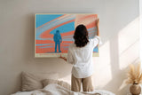 Paul Sinus Wandbild 120x80cm futurale Weltraum Landschaft Astronaut Planet Ringe moderne SciFi Kunst orange blau Kunstdruck