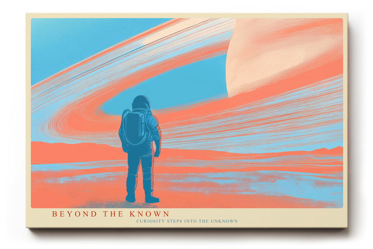 Paul Sinus Wandbild 120x80cm futurale Weltraum Landschaft Astronaut Planet Ringe moderne SciFi Kunst orange blau Kunstdruck