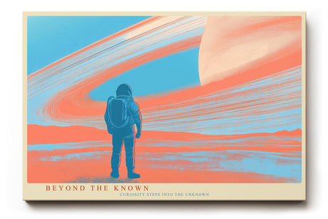 Paul Sinus Wandbild 120x80cm futurale Weltraum Landschaft Astronaut Planet Ringe moderne SciFi Kunst orange blau Kunstdruck