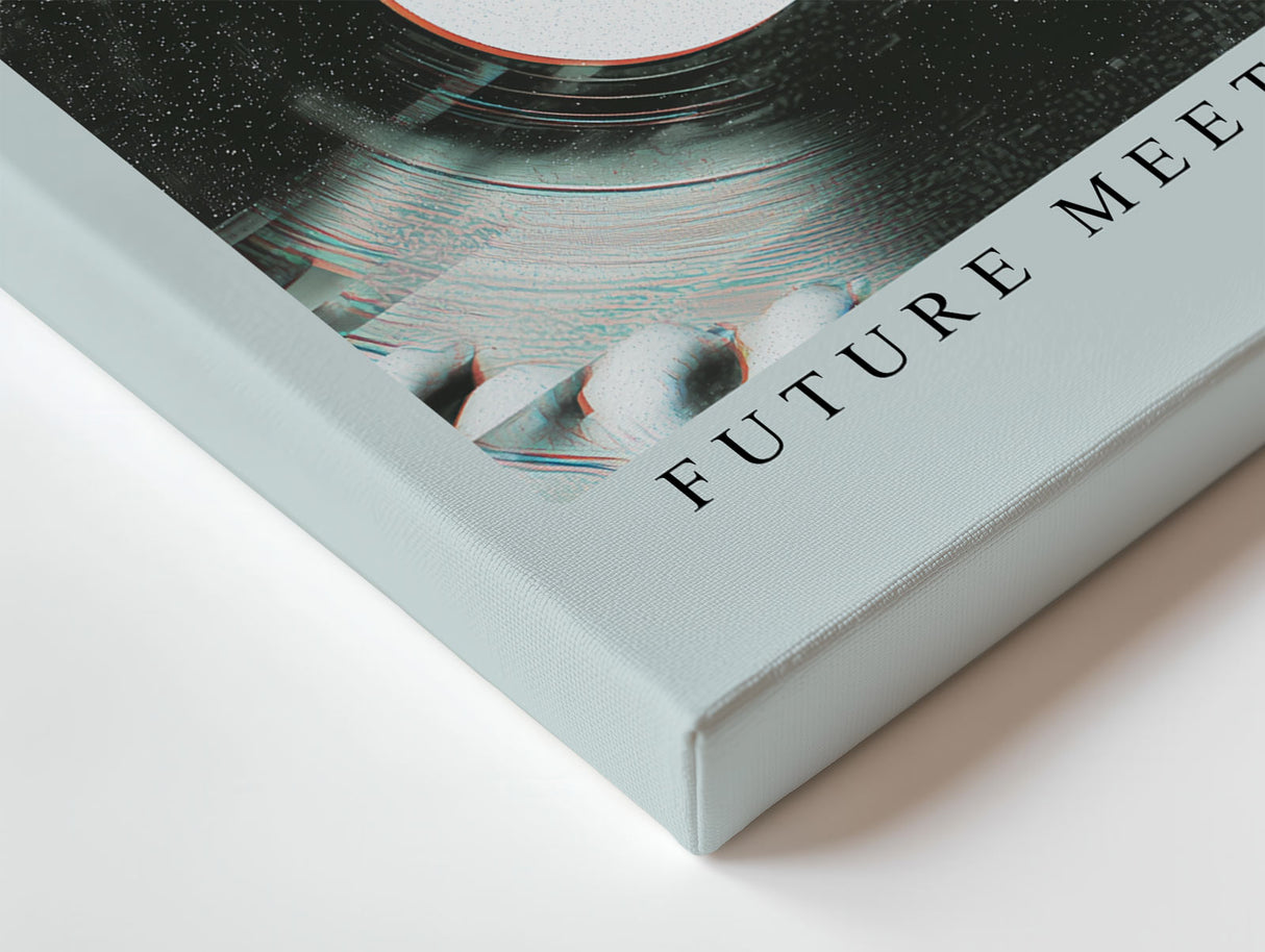 Paul Sinus Wandbild Future Meets the Past – modernes Retro-Motiv mit Schallplatte und digitalem Glitch-Effekt symbolisiert die Verbindung von Nostalgie und Technologie