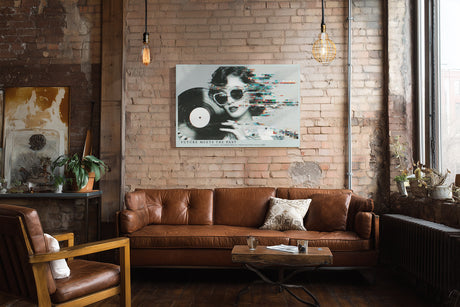 Paul Sinus Wandbild Future Meets the Past – modernes Retro-Motiv mit Schallplatte und digitalem Glitch-Effekt symbolisiert die Verbindung von Nostalgie und Technologie