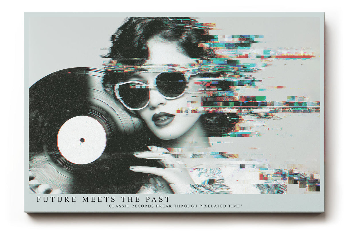 Paul Sinus Wandbild Future Meets the Past – modernes Retro-Motiv mit Schallplatte und digitalem Glitch-Effekt symbolisiert die Verbindung von Nostalgie und Technologie