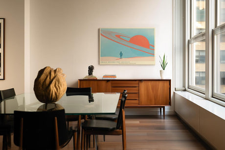 Paul Sinus Wandbild 120x80cm futuristische Landschaft Planet Saturn modern minimalistische Weltraum Kunst grosses Science Fiction Kunstbild Wanddekoration fuer Wohnzimmer Büro