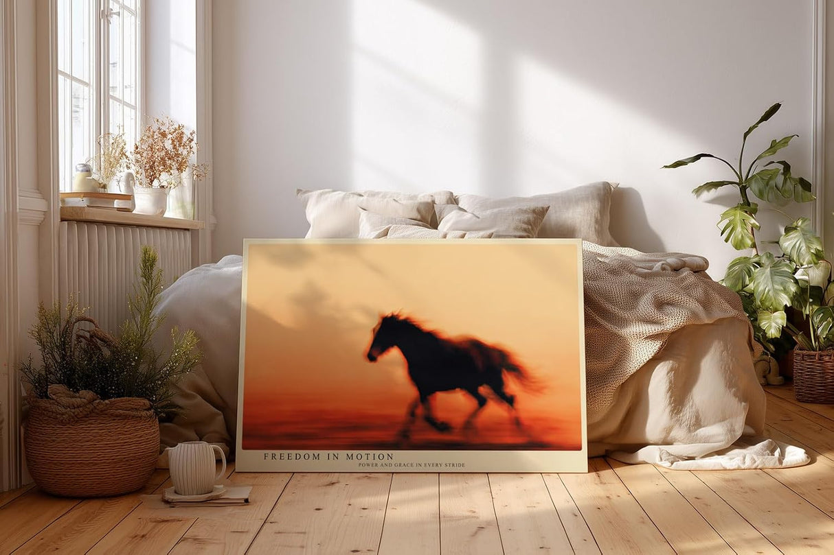 Paul Sinus Wandbild 120x80cm galoppierendes Pferd Silhouette im Sonnenuntergang dynamische Tier Fotokunst in warmen Orangetönen modernes Pferdebild für Wohnzimmer Büro