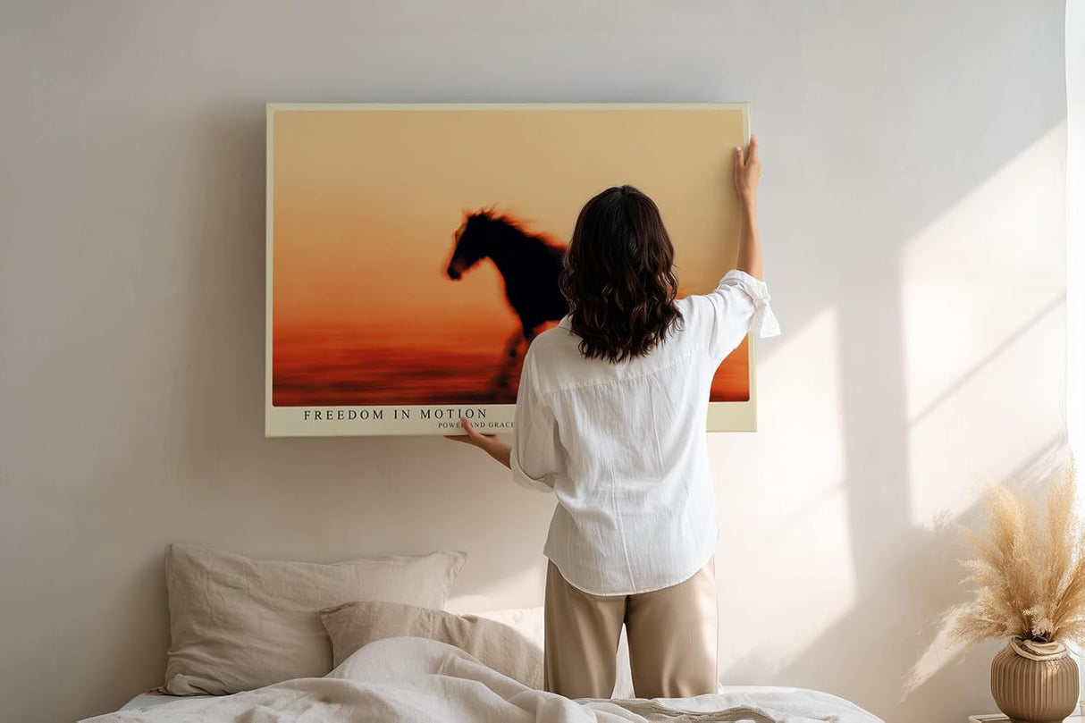 Paul Sinus Wandbild 120x80cm galoppierendes Pferd Silhouette im Sonnenuntergang dynamische Tier Fotokunst in warmen Orangetönen modernes Pferdebild für Wohnzimmer Büro