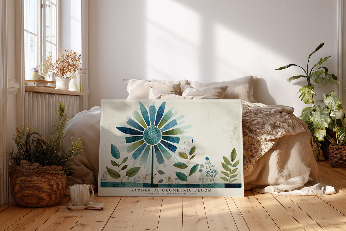 Paul Sinus Wandbild Garden of Geometric Bloom – stilisierte Blume aus geometrischen Formen symbolisiert Wachstum, Kreativität und natürliche Balance