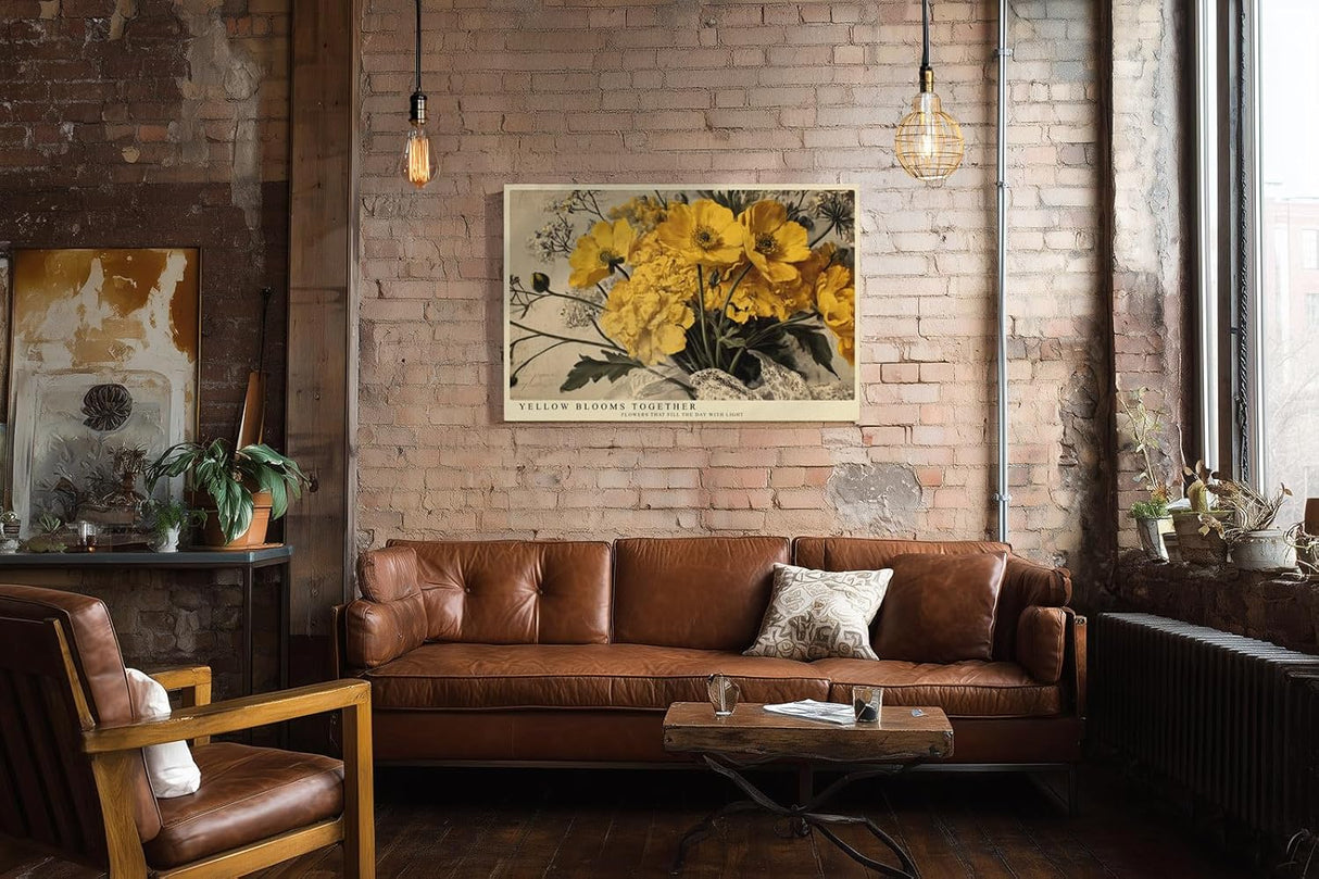 Paul Sinus Wandbild 120x80cm Gelbe Blumen Stillleben Vintage Florale Kunst Warmes Blumenmotiv Kunstdruck Poster Grosse Wanddekoration fuer Wohnzimmer Schlafzimmer Büro