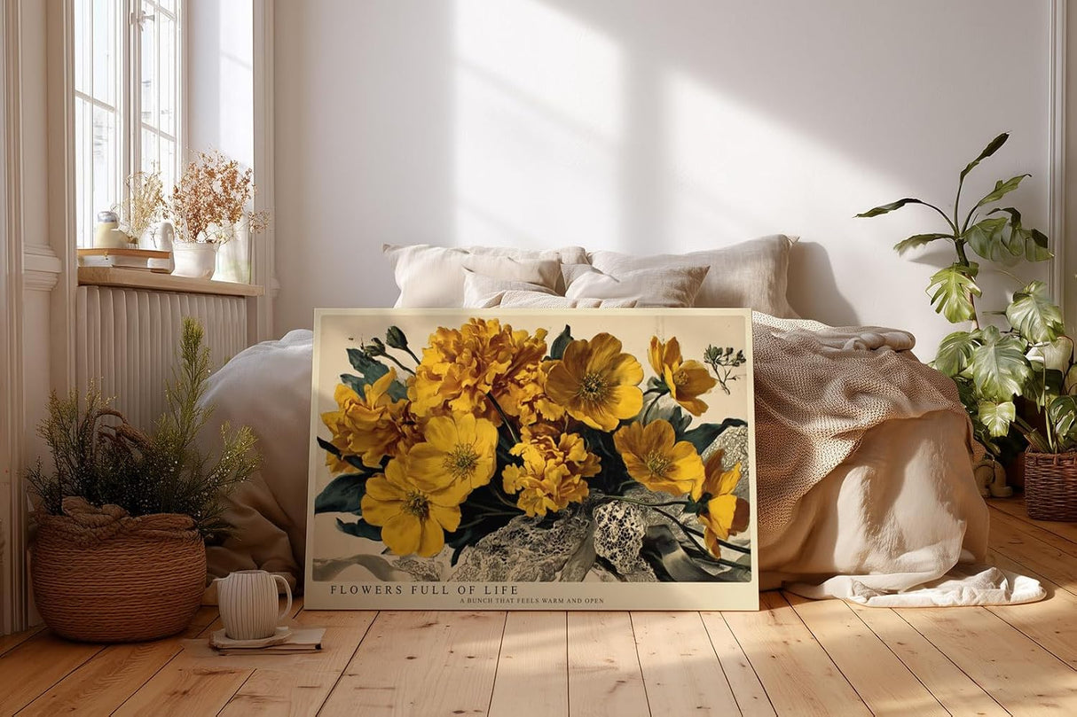 Paul Sinus Wandbild 120x80cm gelbe Blumen Stillleben Vintage Stil warmes Blumenmotiv Kunstdruck Poster grosse florale Wanddekoration fuer Wohnzimmer Büro