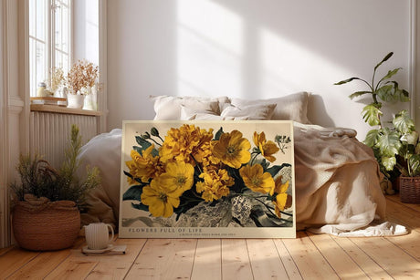 Paul Sinus Wandbild 120x80cm gelbe Blumen Stillleben Vintage Stil warmes Blumenmotiv Kunstdruck Poster grosse florale Wanddekoration fuer Wohnzimmer Büro