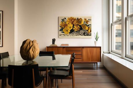 Paul Sinus Wandbild 120x80cm gelbe Blumen Stillleben Vintage Stil warmes Blumenmotiv Kunstdruck Poster grosse florale Wanddekoration fuer Wohnzimmer Büro
