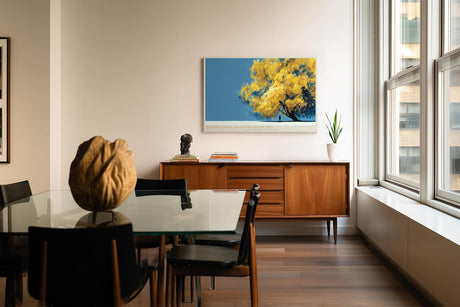 Paul Sinus Wandbild 120x80cm Gelber Baum unter blauem Himmel moderne Natur Illustration stilvolle Landschaft Wanddekoration