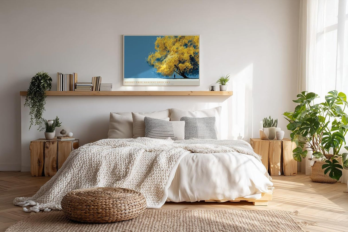 Paul Sinus Wandbild 120x80cm Gelber Baum unter blauem Himmel moderne Natur Illustration stilvolle Landschaft Wanddekoration