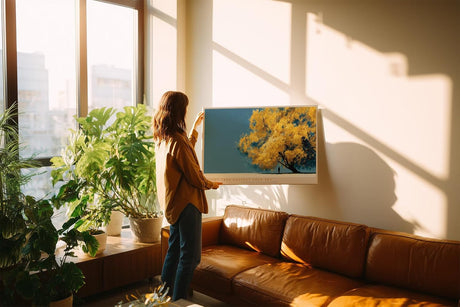 Paul Sinus Wandbild 120x80cm Gelber Baum unter blauem Himmel moderne Natur Illustration stilvolle Landschaft Wanddekoration