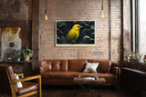 Paul Sinus Wandbild 120x80cm gelber Vogel Kontrast schwarz Tierkunst modern Kunstdruck grosses Kunstbild ausdrucksstarke Wanddekoration fuer Wohnzimmer Büro Flur