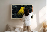 Paul Sinus Wandbild 120x80cm gelber Vogel Kontrast schwarz Tierkunst modern Kunstdruck grosses Kunstbild ausdrucksstarke Wanddekoration fuer Wohnzimmer Büro Flur