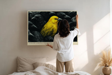 Paul Sinus Wandbild 120x80cm gelber Vogel Kontrast schwarz Tierkunst modern Kunstdruck grosses Kunstbild ausdrucksstarke Wanddekoration fuer Wohnzimmer Büro Flur