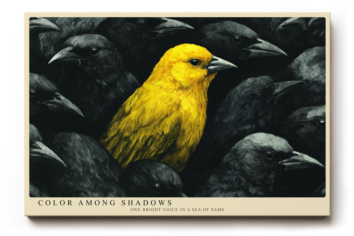 Paul Sinus Wandbild 120x80cm gelber Vogel Kontrast schwarz Tierkunst modern Kunstdruck grosses Kunstbild ausdrucksstarke Wanddekoration fuer Wohnzimmer Büro Flur