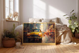 Paul Sinus Wandbild 120x80cm Gelbes Taxi im Regen Grossstadt Nachtstimmung modernes City Kunstbild fuer Wohnzimmer Büro und Loft