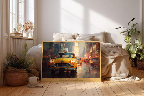 Paul Sinus Wandbild 120x80cm Gelbes Taxi im Regen Grossstadt Nachtstimmung modernes City Kunstbild fuer Wohnzimmer Büro und Loft