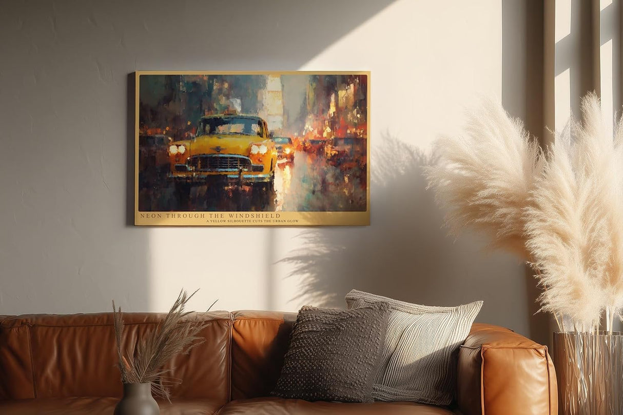 Paul Sinus Wandbild 120x80cm Gelbes Taxi im Regen Grossstadt Nachtstimmung modernes City Kunstbild fuer Wohnzimmer Büro und Loft