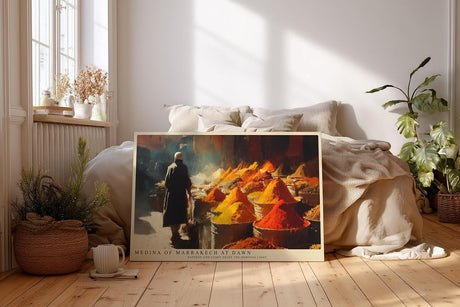 Paul Sinus Wandbild 120x80cm Gewuerzmarkt Marrakesch Morgenlicht orientalisches Markt Motiv Kunstdruck fuer Wohnzimmer Kueche und Essbereich