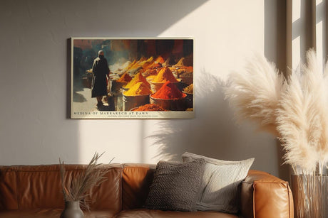 Paul Sinus Wandbild 120x80cm Gewuerzmarkt Marrakesch Morgenlicht orientalisches Markt Motiv Kunstdruck fuer Wohnzimmer Kueche und Essbereich