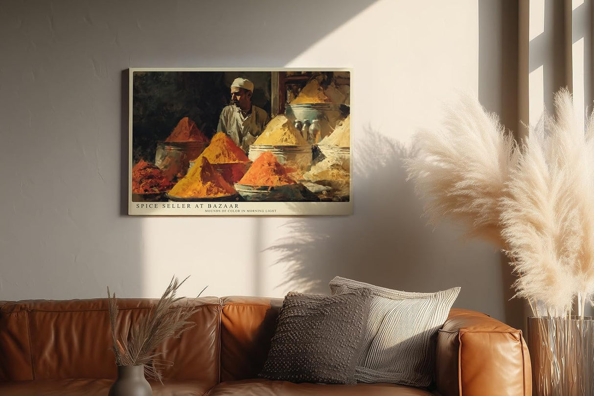 Paul Sinus Wandbild 120x80cm Gewürzhändler auf dem Basar – Farbintensive Marktszene mit orientalischer Atmosphäre