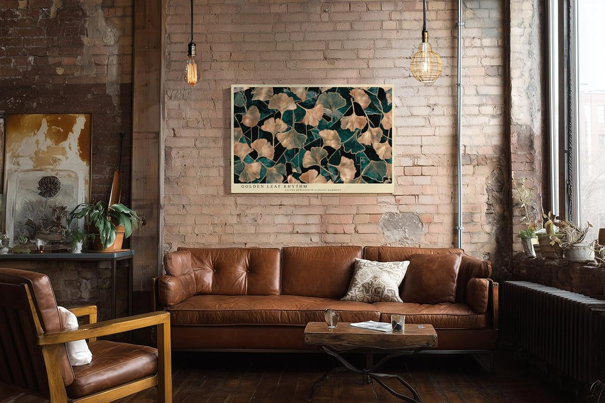 Paul Sinus Wandbild 120x80cm Ginkgo Blaetter gold gruen botanische Naturkunst elegantes Blattmuster moderne Wanddekoration fuer Wohnzimmer Büro