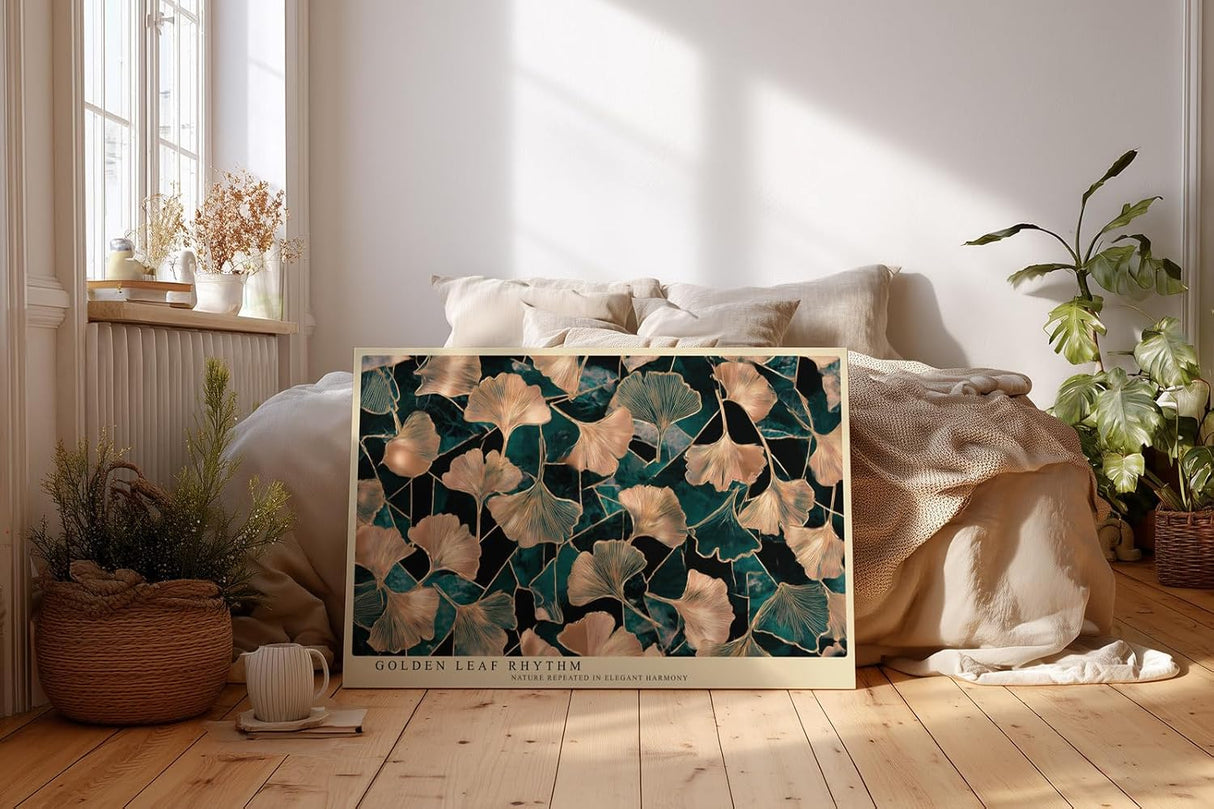 Paul Sinus Wandbild 120x80cm Ginkgo Blaetter gold gruen botanische Naturkunst elegantes Blattmuster moderne Wanddekoration fuer Wohnzimmer Büro