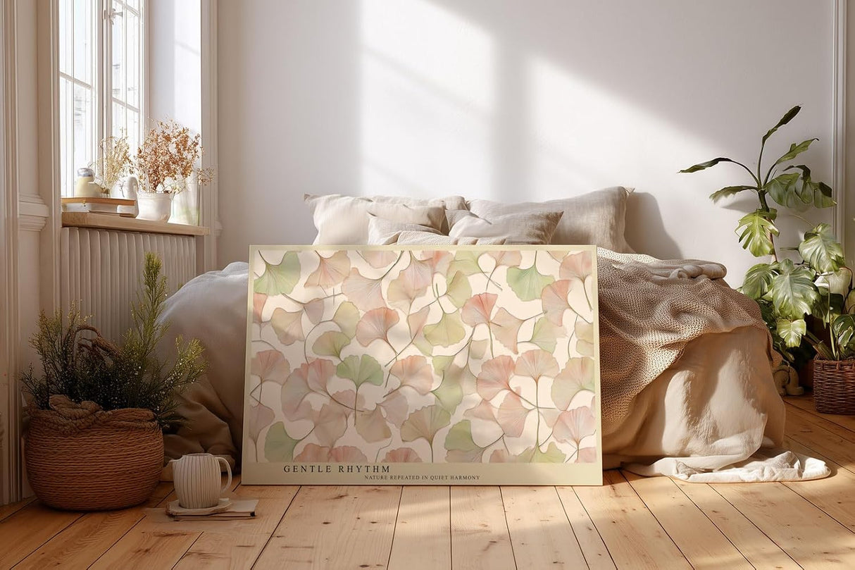 Paul Sinus Wandbild 120x80cm Ginkgo Blaetter Illustration zarte Naturfarben botanische Kunst moderne Wanddekoration fuer Wohnzimmer Büro